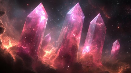 Gigantic pink crystalline structures illuminate a cosmic nebula against a star-filled void