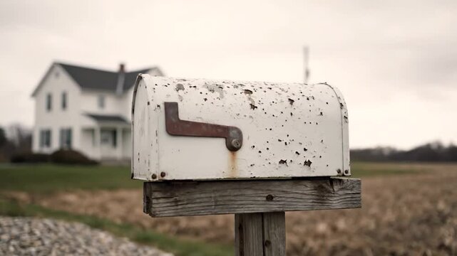 A weathered white mailbox stands on a wooden post in front of a distant white farmhouse