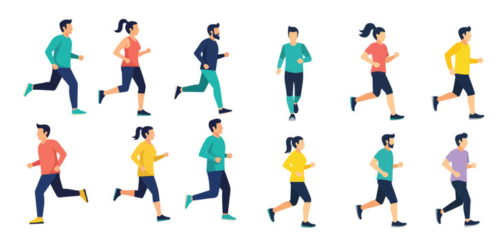 Vector illustration set of a person jogging alone, flat design, simple geometric shapes, no outline, modern bright colors