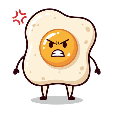 Angry fried egg character with crossed arms and mad expression, stubby legs.