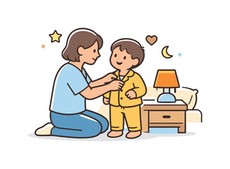 A caring mother helps her young son put on his yellow pajamas while a bedside lamp glows softly, symbolizing a peaceful evening routine