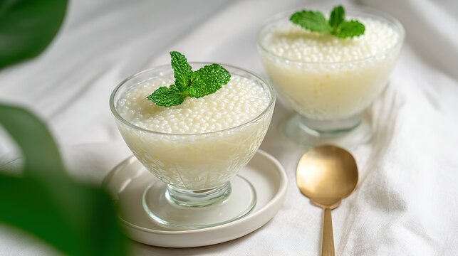 Refreshing Tapioca Pearl Dessert in a Clear Glass Bowl, Creamy Coconut Milk with Colorful Sweet Potato and Taro Cubes, Chilled Sago Pudding Garnished with Mint Leaf. Delicious Asian Summer Drink, Smoo