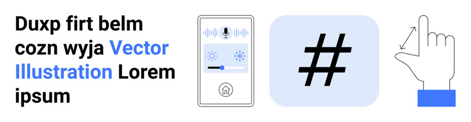 Obraz premium Control panel with buttons, metadata tag symbol, and interactive hand gesture depicting digital control, interface, navigation, voice commands, social media, hashtags and user interaction. Ideal
