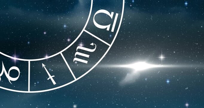 Digital animation of spot of light and spiral symbols of the zodiac signs in space