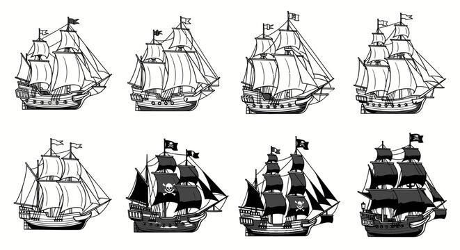 Set of Vintage Sailing Ships and Pirate Ships Vector Illustrations