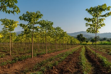 Obraz premium Sunlit teak plantation showing healthy green foliage and natural countryside scenery