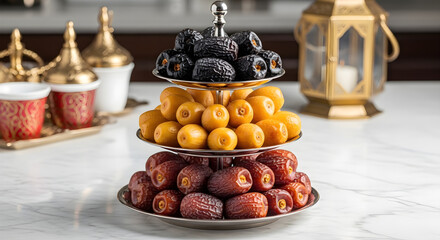 Fototapeta premium Dates and Fruits on Three Tiered Server Ramadan