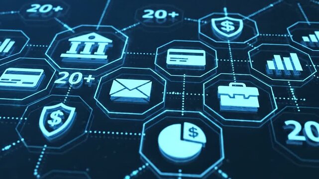 Financial technology concept with banking, security, and data icons