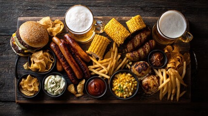Top view of beer glasses, grilled sausages, corn, chips and almonds on a dark wooden surface