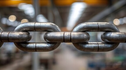 Close up of robust metal chain links in a blurred industrial facility