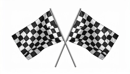 Two crossed checkered racing flags with black and white square grid pattern, waving symmetrically, flagpoles crossing at bottom center, symbolizing victory and race completion in motorsport context.
