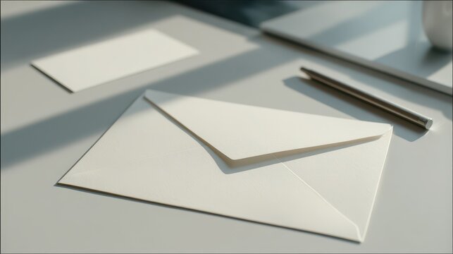 Top-down view of an empty folded sheet, envelope, and pen on a clean desk
