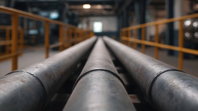 A perspective view of three large industrial steel pipes running parallel in a dimly lit factory or manufacturing facility
