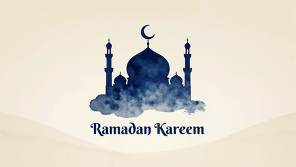 Minimalist Ramadan Kareem Background with Blue Watercolor Mosque