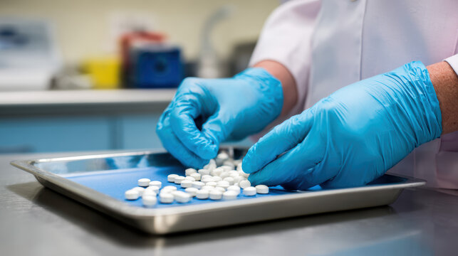 transparent pharmacist counting medication in a pharmacy