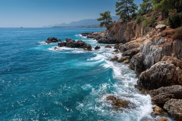 Fototapeta premium Turkish Mediterranean coast seascape: curling blue wave against rocky shoreline