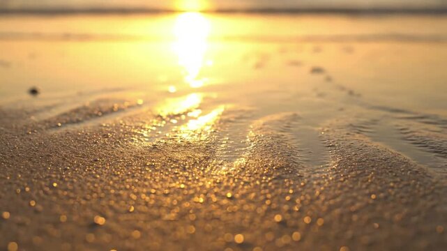 Micro Tide Pool Reflection A macro view of a pristine, untouched micro-tidal pool, reflecting the vibrant golden sky and soft light, with subtle water movement and perhaps a tiny, non-identifiable
