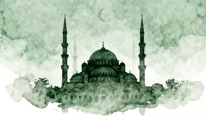 Watercolor Mosque Reflection Deep Green Theme