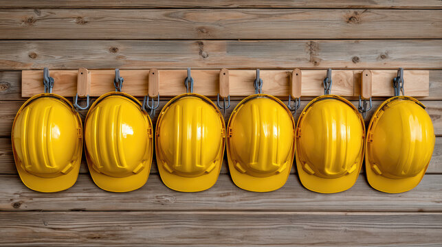 hanging yellow safety helmets in a row