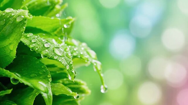 Sunlit Botanical Veil Wide shot of lush, glossy foliage with soft light filtering through, creating subtle lens flares and a dreamy bokeh of pastel gradients in the background, swaying gently in a