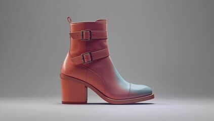 Burgundy leather ankle boots with buckles and chunky heel on neutral background for fashion and style