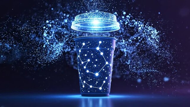 Magical glowing cup with constellation design emitting sparkling particles