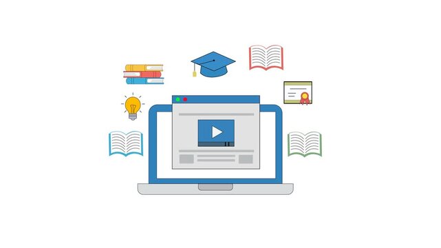 Online education and e-learning concept. Laptop with video play button surrounded by icons for studying, representing virtual class, university course. 2D animation 4K resolution with alpha channel