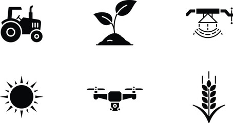 Black of tractor plant sprinkler sun drone wheat tractor, plant, sprinkler, sun, drone, wheat, farming, agriculture, black, white background, symbols, farming equipment, crops, irrigation, solar, unma