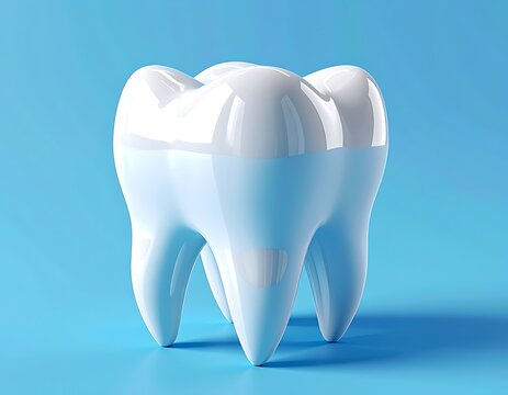 Glossy white molar with rounded cusps standing on a bright blue surface in a studio-lit scene