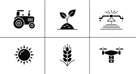 Black and white of farming and agriculture symbols tractor, plant, drone, sun, wheat, farming, agriculture, black and white, symbols, farming technology, precision agriculture, crops, growth, black, w