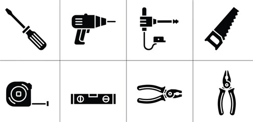Black and white of various hand tools screwdriver drill screwdriver, drill, jigsaw, handsaw, camera, tape measure, level, pliers, hand tools, black and white, toolbox, construction, diy, hardware, bla