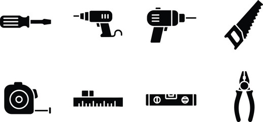 Black and white of various hand tools screwdriver drill screwdriver, drill, hand saw, camera, ruler, level, pliers, tools, black and white, silhouettes, hand tools, equipment, hardware, black, white, 