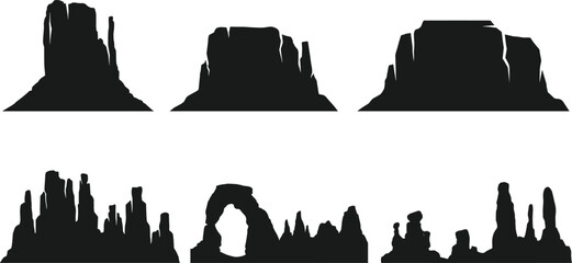 Desert rock formation silhouette set featuring canyon cliffs and natural stone landscapes, black vector illustration collection ideal for travel design, western scenery themes, and outdoor backgrounds © Hey There