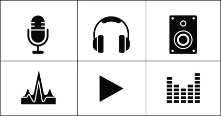 Black and white audio set audio black and white microphone audio black and white, microphone, headphones, speaker, sound wave, play button, volume bars, music symbols, sound equipment, audio signs, bl