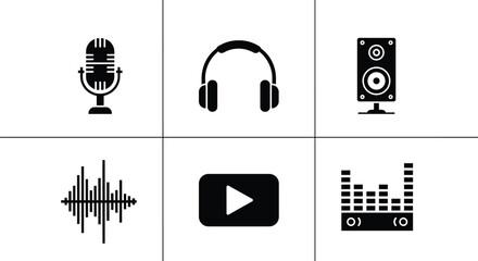 Black and white audio equipment microphone headphones microphone, headphones, speaker, sound wave, play button, audio equalizer, black and white, audio equipment, music, podcast, broadcasting, black, 