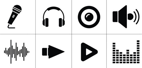 Black audio on white background audio black and white audio black and white, microphone, headphones, speaker, sound wave, play button, volume, audio symbols, sound music symbols, media black white bac