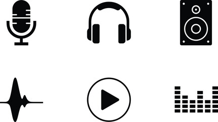 Black and white audio equipment microphone headphones microphone, headphones, speaker, play button, sound wave, volume meter, audio black and white, sound equipment, music symbols, playback, recording