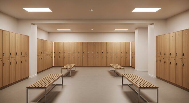 A spacious and bright modern locker room features rows of wooden lockers and multiple long benches for changing and seating.