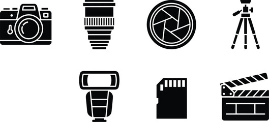 Black and white camera lens aperture tripod flash camera, lens, aperture, tripod, flash, memory card, clapperboard, equipment, black and white, symbols, tools, media, production, black, white, represe