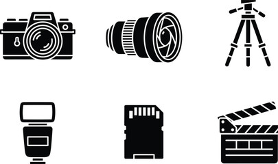Black and white equipment camera lens tripod flash camera, lens, tripod, flash, memory card, clapperboard, production, equipment, black and white, black, white, depicting, various, background, style, 
