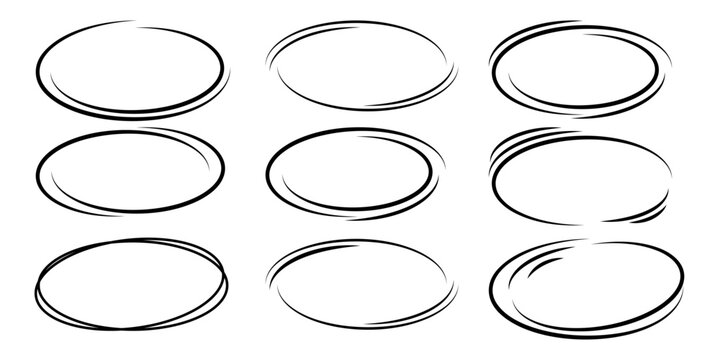 Oval swoosh, stroke curve lines price tag, scrawl underline oval