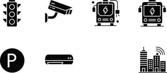 Black and white urban infrastructure traffic light traffic light, security camera, electric bus, parking sign, train, city skyline, urban black and white, transportation symbols, city infrastructure, 