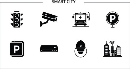 Smart city including traffic light parking signs bus and security camera smart city, traffic light, parking sign, electric bus, security camera, air conditioning unit, robot, cityscape, black and whit