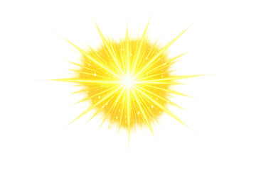 Obraz premium Bright yellow sunburst light effect with glowing rays and shimmering particles on a transparent background