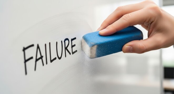 Hand erasing failure text on wall.
