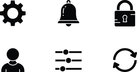 Black and white of gear bell lock person settings and refresh gear, bell, lock, person, settings, refresh, black and white, symbols, web user interface, pictograms, flat, black, white, background, inc