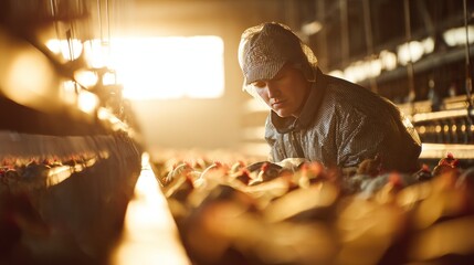 Farm worker tending to flock of chickens