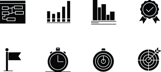 Black and white business strategy flowchart business, strategy, black, white, flowchart, bar graphs, flag, stopwatch, target, planning, management, marketing, finance, goals, success, collection, eigh