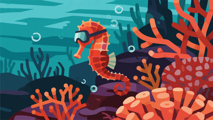 Illustration Of A Seahorse Wearing Diving Goggles, Swimming Leisurely On A Coral Reef, Sea Plants Vector Design Template © Princess