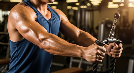 Muscular Athlete Training Triceps on Cable Machine at Gym